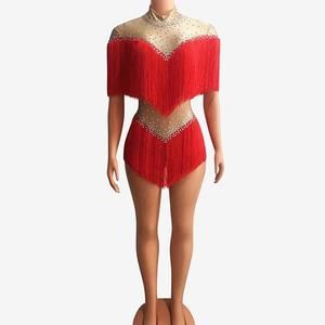 None Passista Dress Fringe Rhinestone Embellished - S - Red
